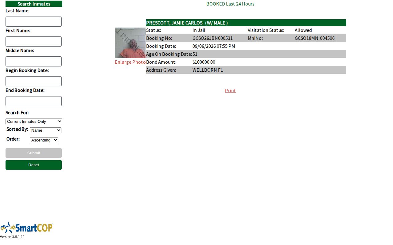 Gilchrist County arrests last 24 hours SmartWEB screen