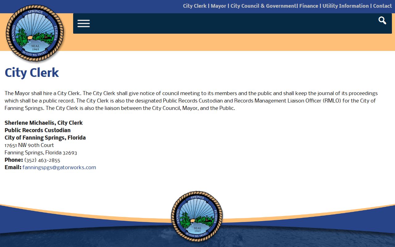 Fanning Springs City Clerk public records page for arrest-related routing