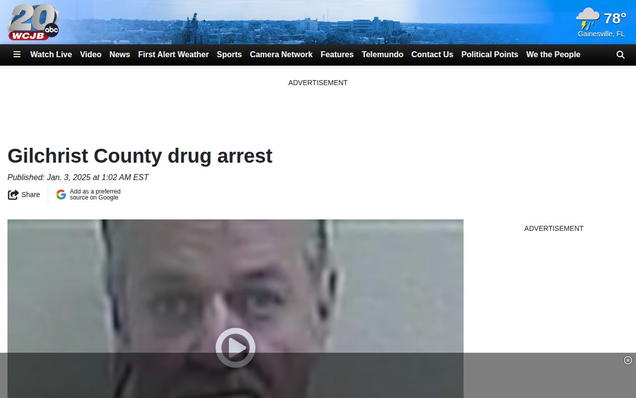 WCJB video page for a selected Gilchrist County arrest report