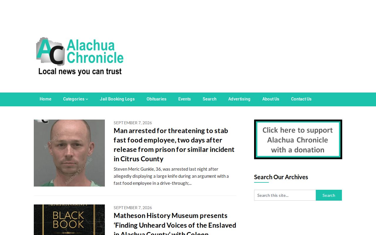 Alachua Chronicle regional news website checked for Gilchrist County coverage